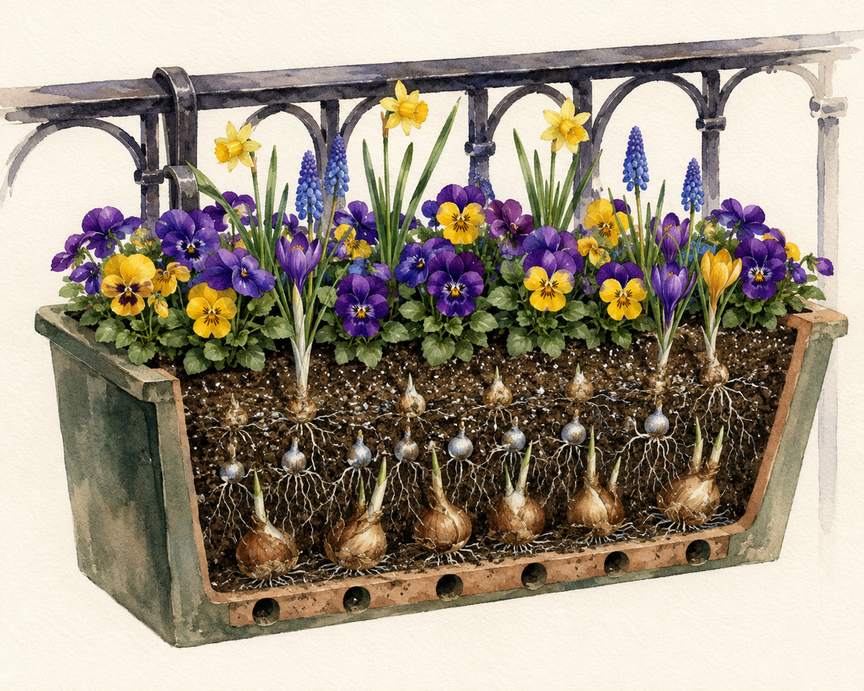 2. Layer Miniature Bulbs Under Cool-Season Violas — AI concept illustration