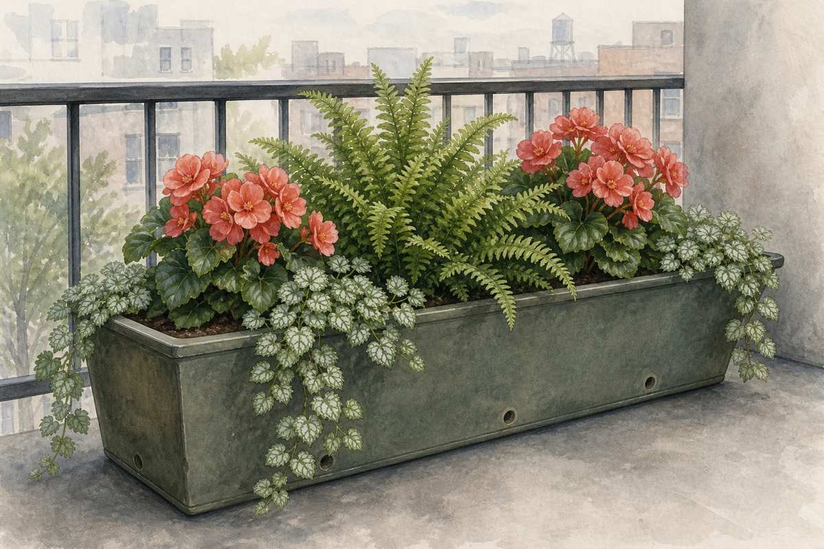 7. Make a Shady Box With Begonia, Fern, and Lamium — AI concept illustration