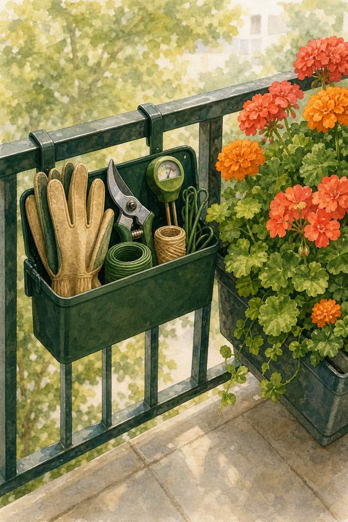 1. Clip a lidded storage box inside the railing — AI concept illustration