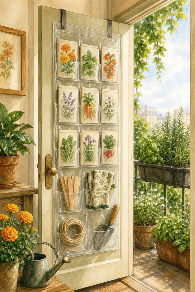2. Hang clear tool pockets over the balcony door — AI concept illustration