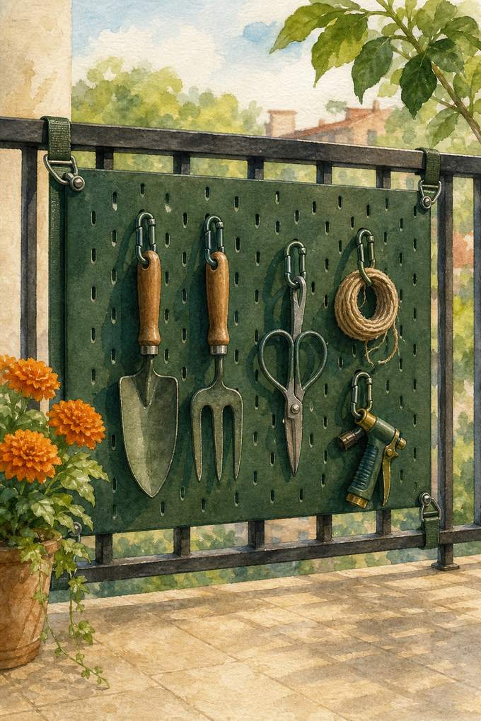 3. Strap a narrow pegboard to the railing — AI concept illustration