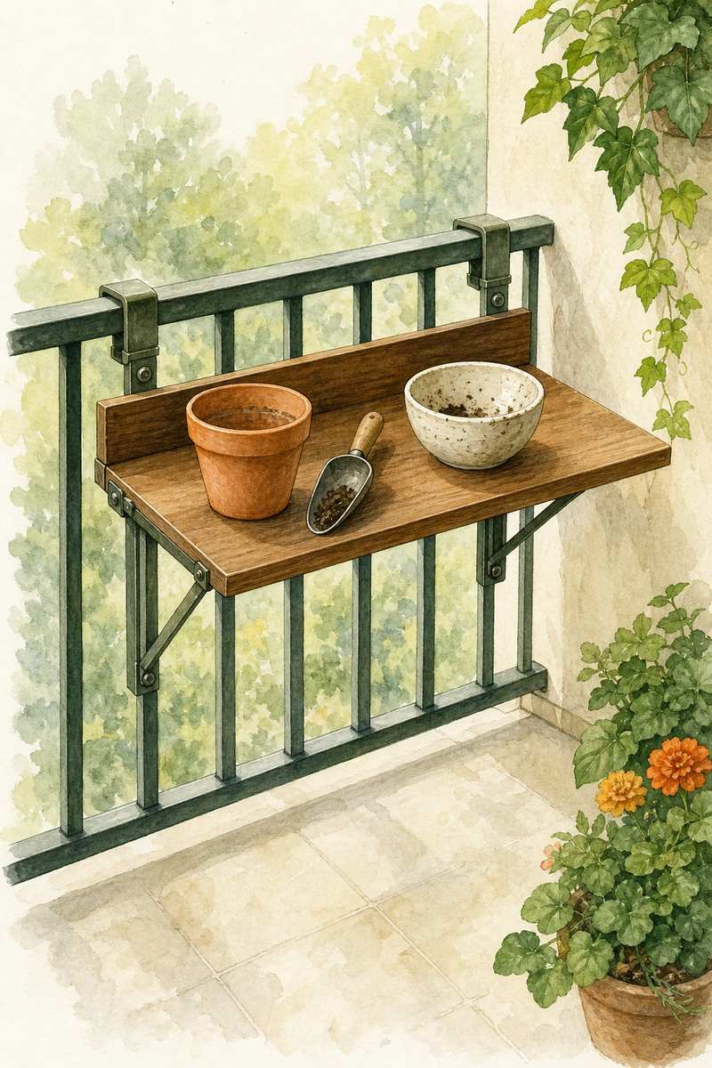 5. Add a fold-down potting shelf to the railing — AI concept illustration