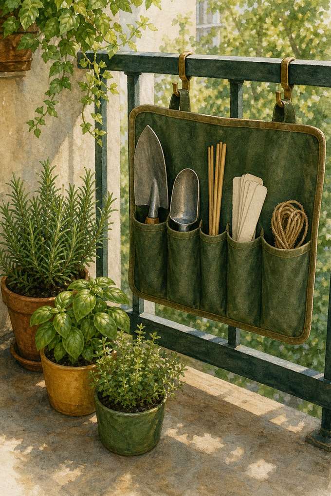 6. Suspend a washable tool roll from railing hooks — AI concept illustration