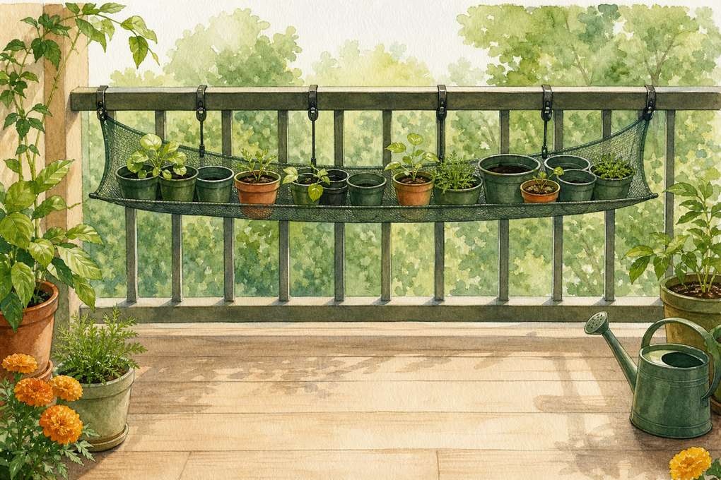 7. Hang empty nursery pots in a secured mesh sling — AI concept illustration