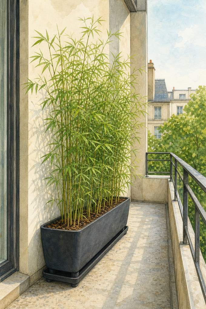 1. Grow clumping bamboo in a long fiberglass planter — AI concept illustration