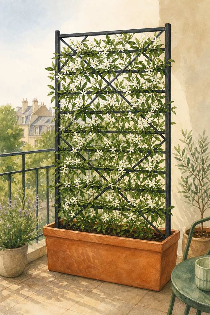 2. Train star jasmine up a planter-mounted trellis — AI concept illustration