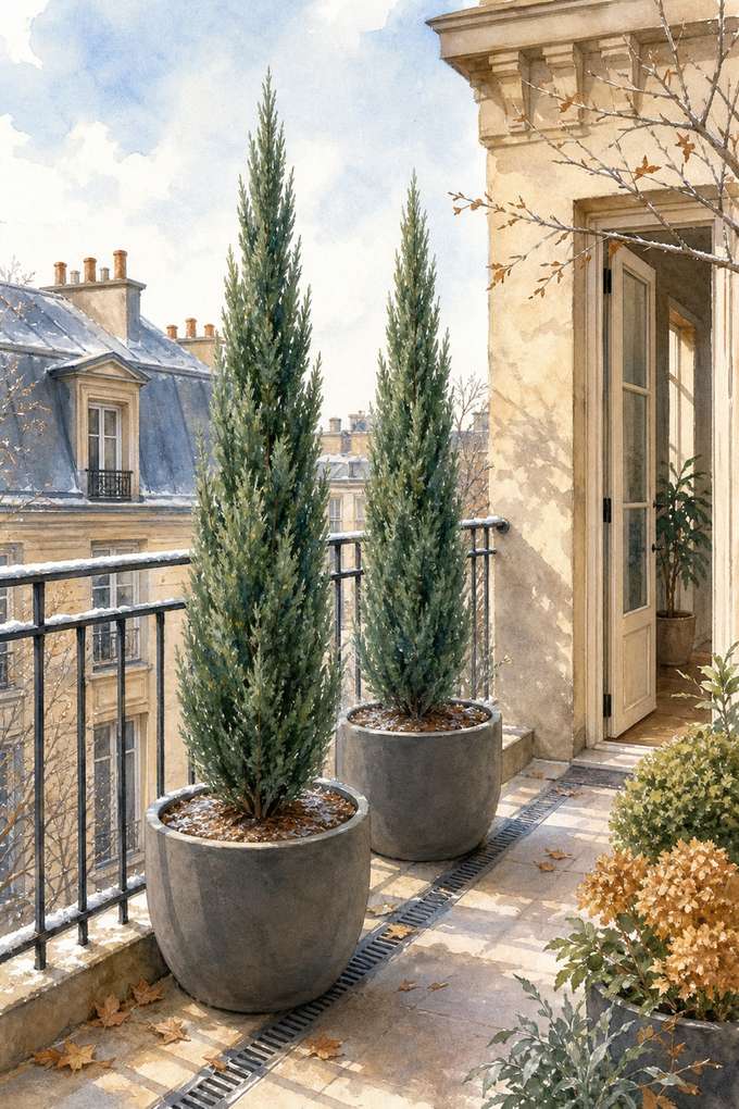 4. Place columnar junipers where winter privacy matters — AI concept illustration