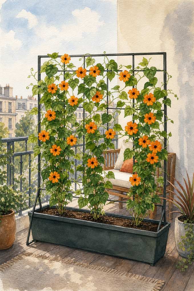 5. Fill a narrow trellis with annual black-eyed Susan vine — AI concept illustration