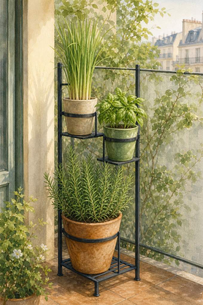 9. Raise herbs to railing height on a slim plant stand — AI concept illustration