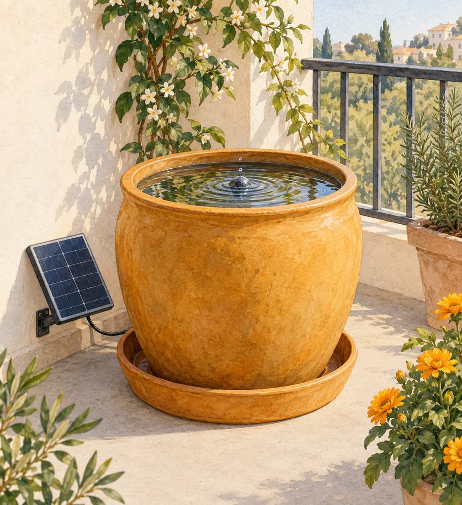 2. Add a Low-Splash Solar Bubbler to a Tall Pot — AI concept illustration