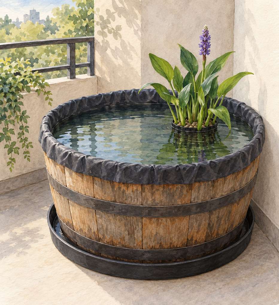 3. Line a Half Barrel for a Roomier Corner Pond — AI concept illustration