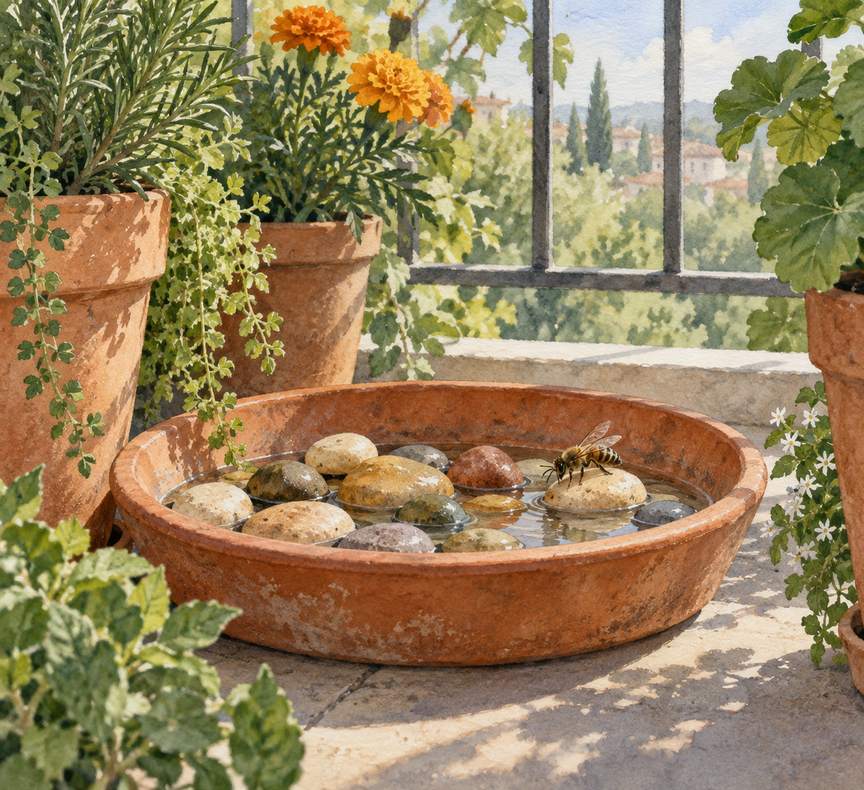8. Make a Shallow Pebble Drinking Bowl for Wildlife — AI concept illustration