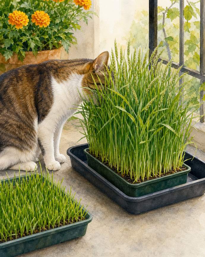 2. Give Cats a Dedicated Grass Grazing Tray — AI concept illustration