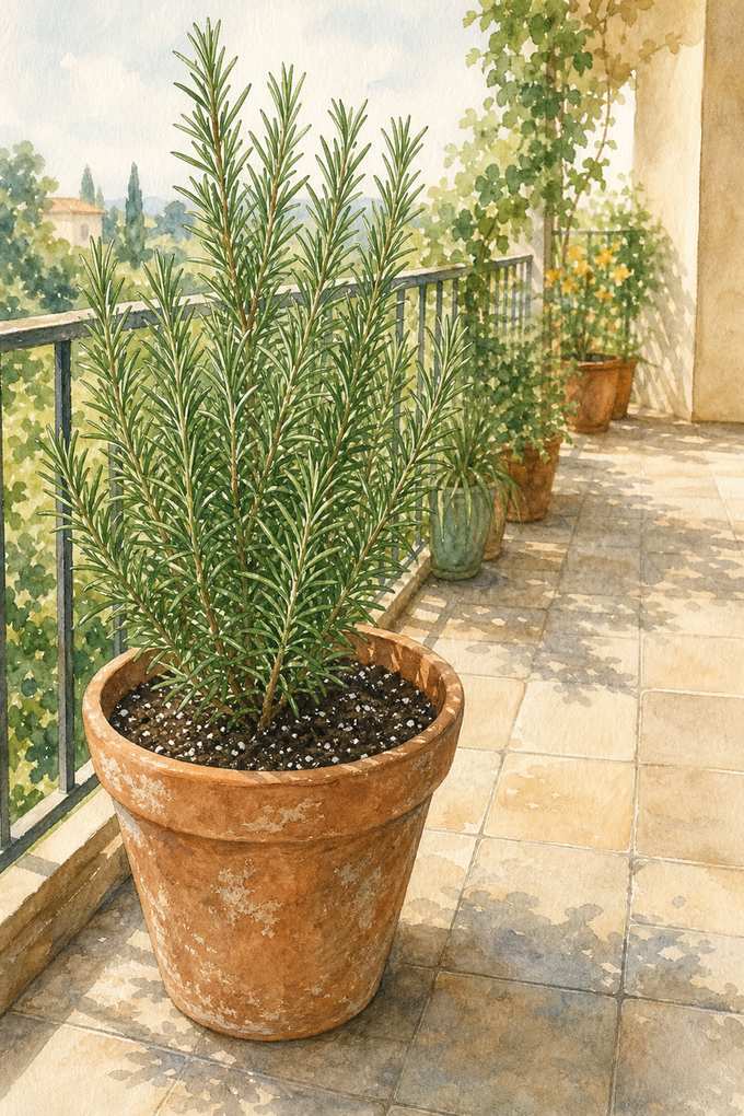 2. Upright rosemary in a fast-draining clay pot — AI concept illustration