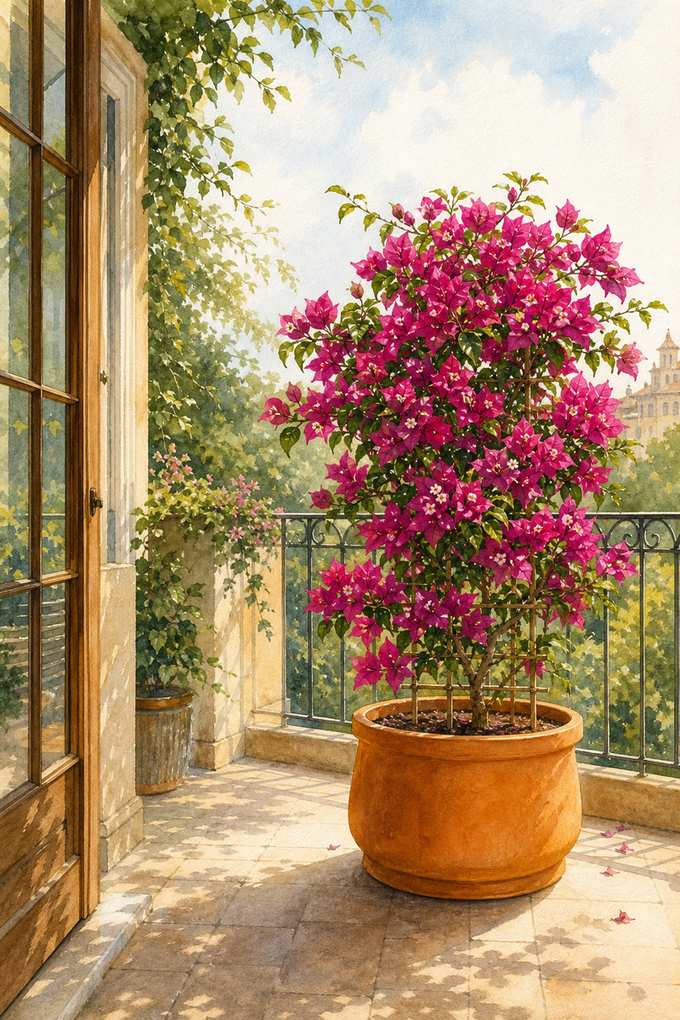 6. Dwarf bougainvillea in a stable floor planter — AI concept illustration