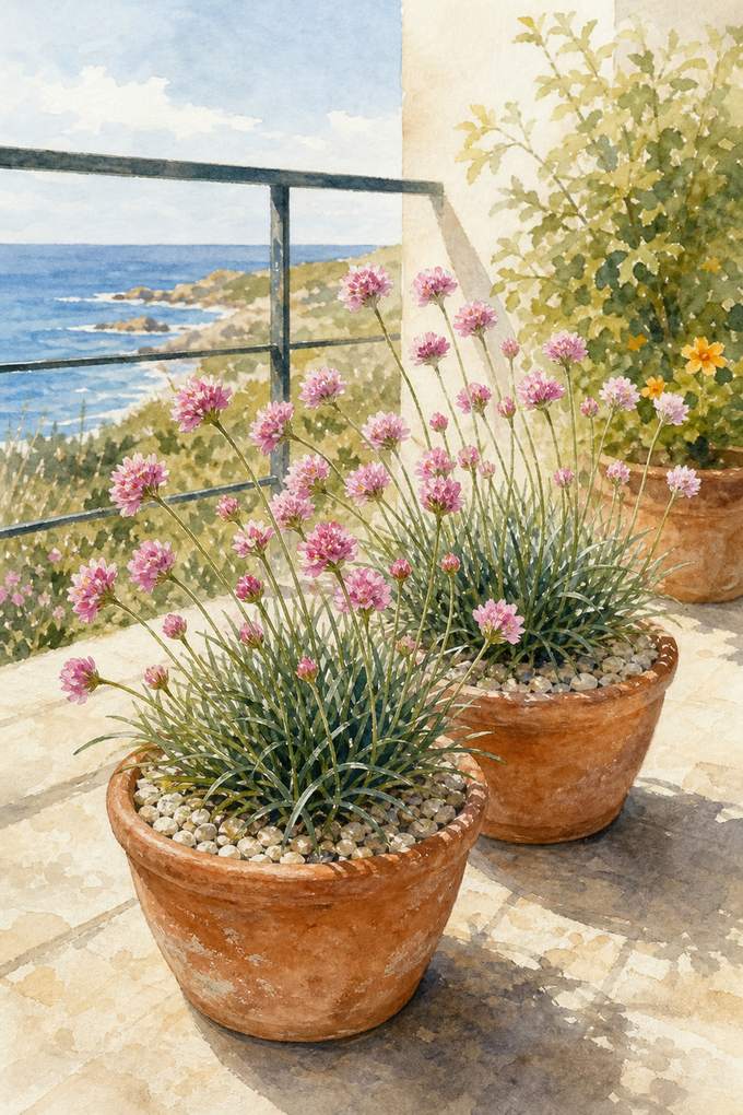 4. Edge Sunny Pots With Sea Thrift — AI concept illustration