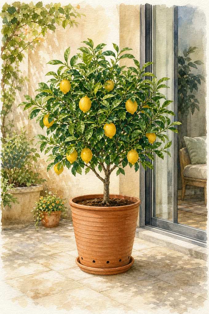 1. Improved Meyer lemon in a 15-gallon pot — AI concept illustration