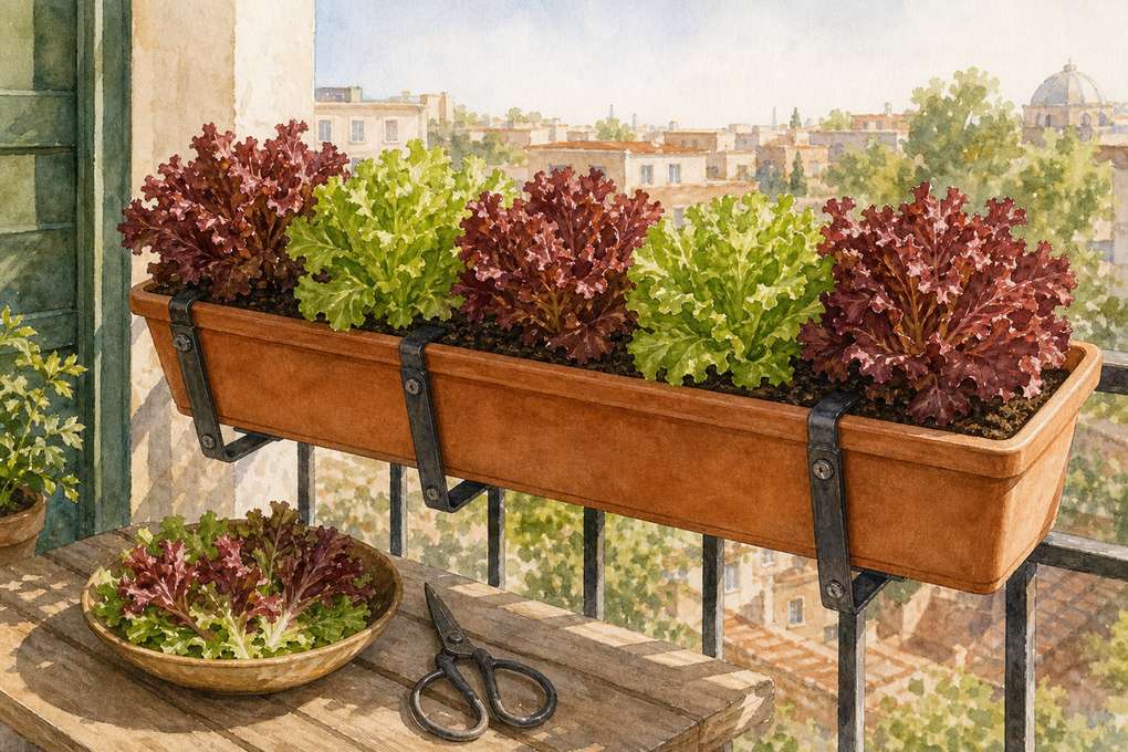2. Cut loose-leaf lettuce from a shallow window box — AI concept illustration