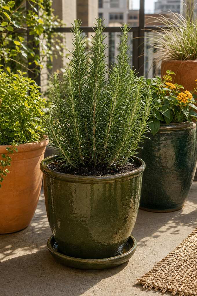 2. Upright rosemary in a deep glazed container — AI concept illustration