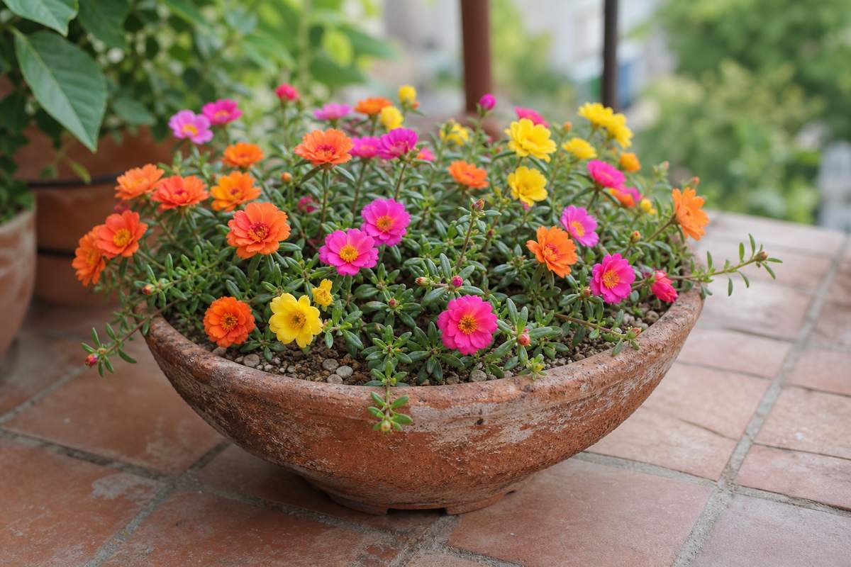 6. Portulaca in a shallow balcony bowl — AI concept illustration