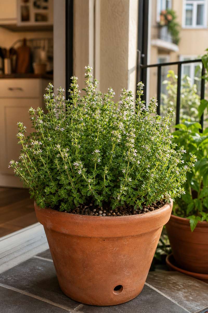 8. Common thyme in a wide clay pot — AI concept illustration
