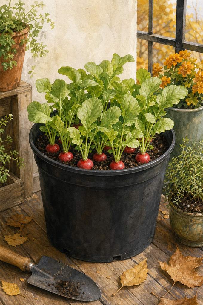 4. Harvest Fast Radishes From a Reused Nursery Pot — AI concept illustration