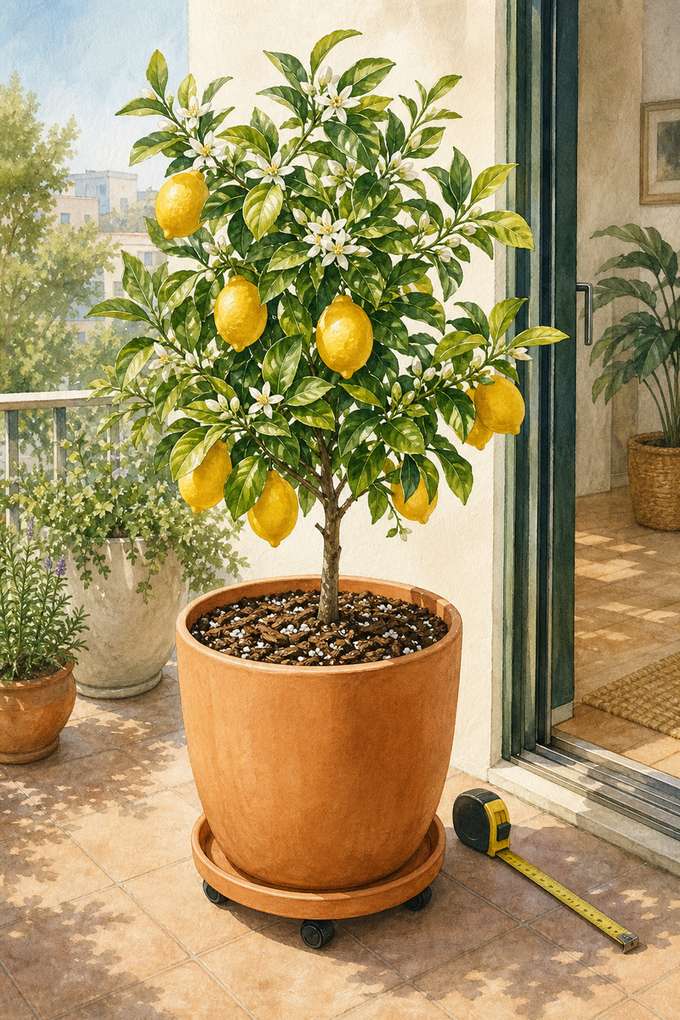 1. Dwarf Meyer lemon in a 10-gallon resin pot — AI concept illustration