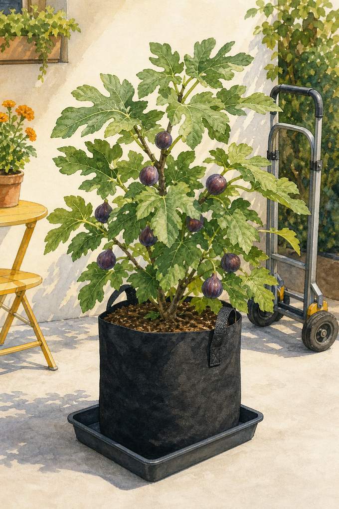 3. 'Little Miss Figgy' fig in a fabric grow bag — AI concept illustration