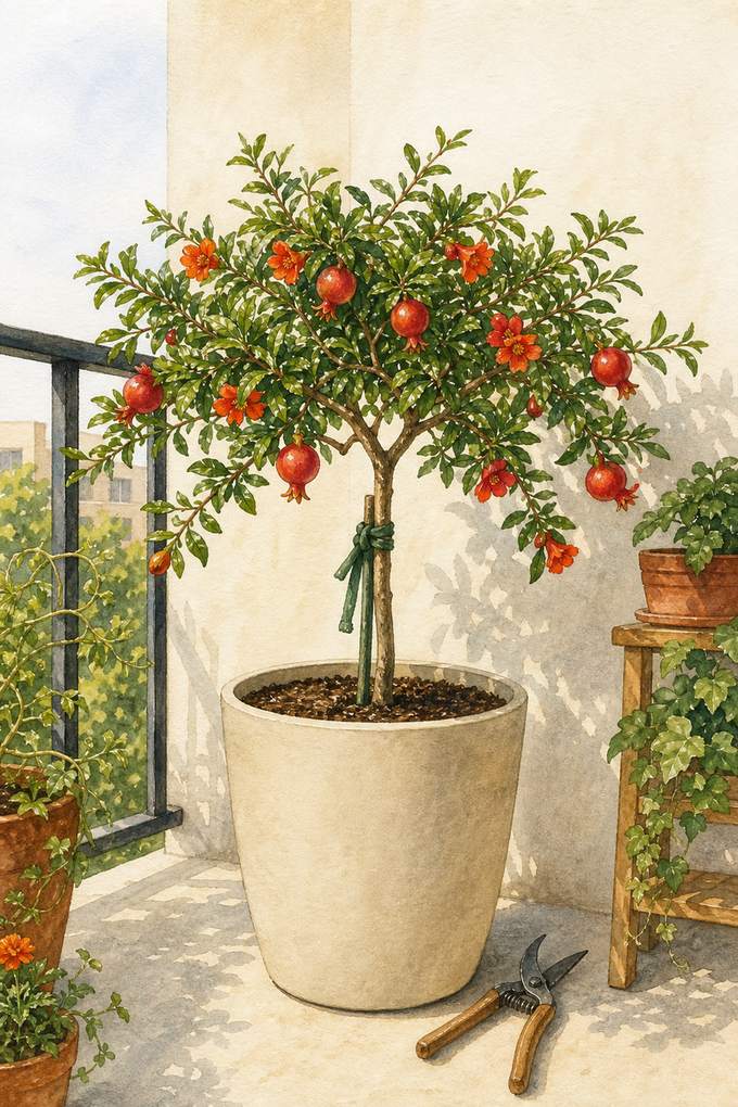 4. Dwarf pomegranate 'Nana' in an 8-gallon pot — AI concept illustration