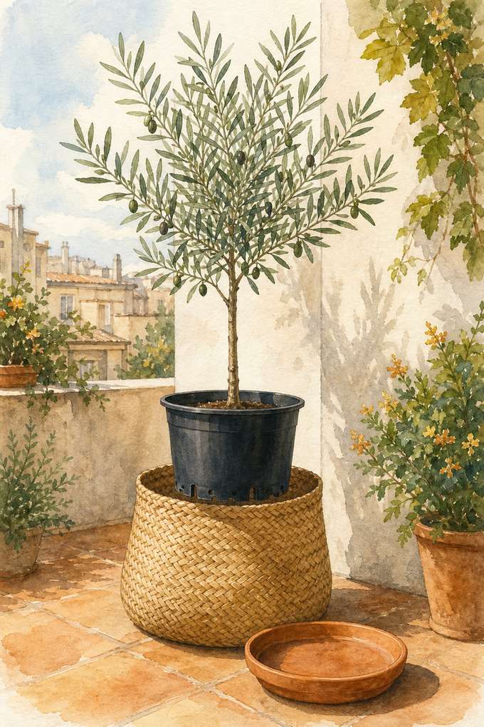 5. 'Arbequina' olive in a plastic nursery pot and cachepot — AI concept illustration