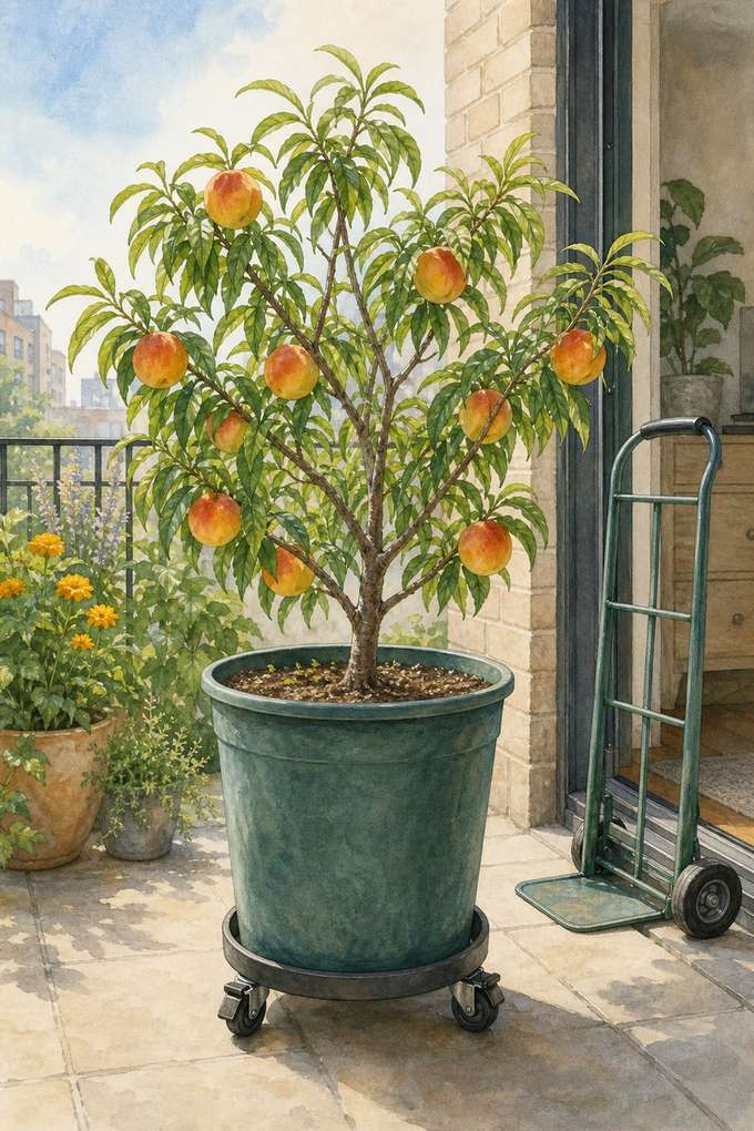 6. Patio peach 'Bonanza' on a wheeled base — AI concept illustration