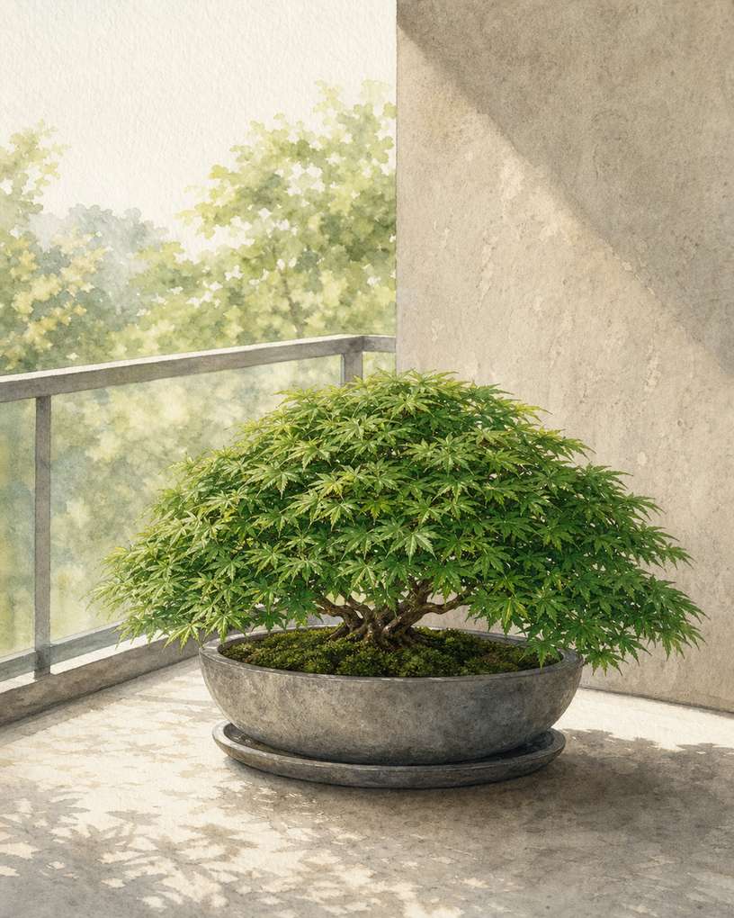 7. Japanese maple 'Mikawa yatsubusa' in a squat resin bowl — AI concept illustration