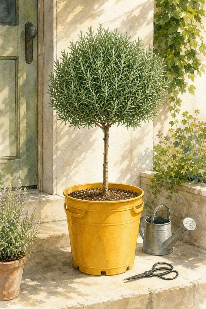 8. Tree-form rosemary in a 5-gallon handled planter — AI concept illustration