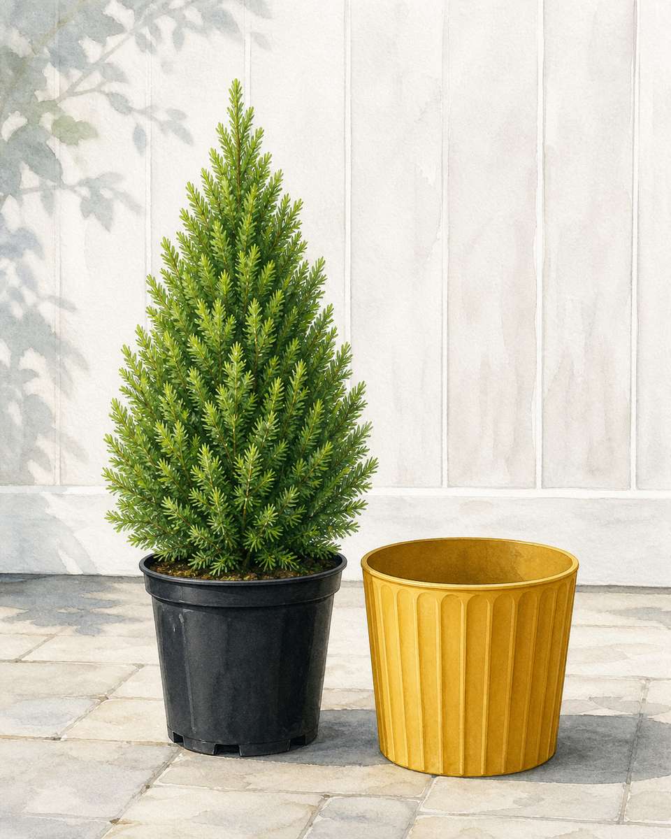 9. Dwarf Alberta spruce in a lightweight nursery setup — AI concept illustration