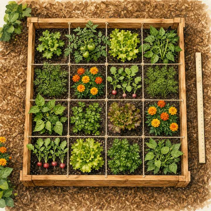 1. Divide a 4-by-4 Bed Into a Simple Square-Foot Grid — AI concept illustration