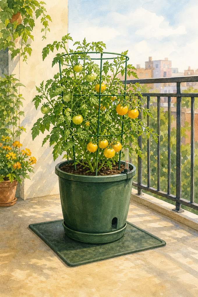 1. Put one patio tomato in a 5-gallon reservoir planter — AI concept illustration