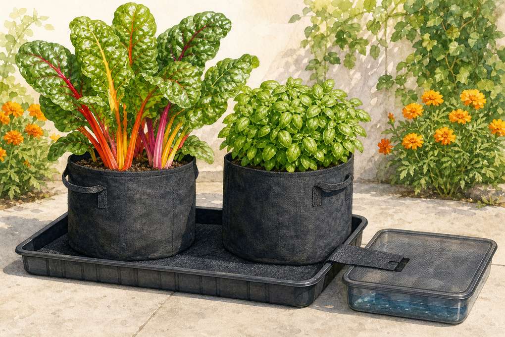 3. Wick fabric grow bags from a shallow covered tray — AI concept illustration