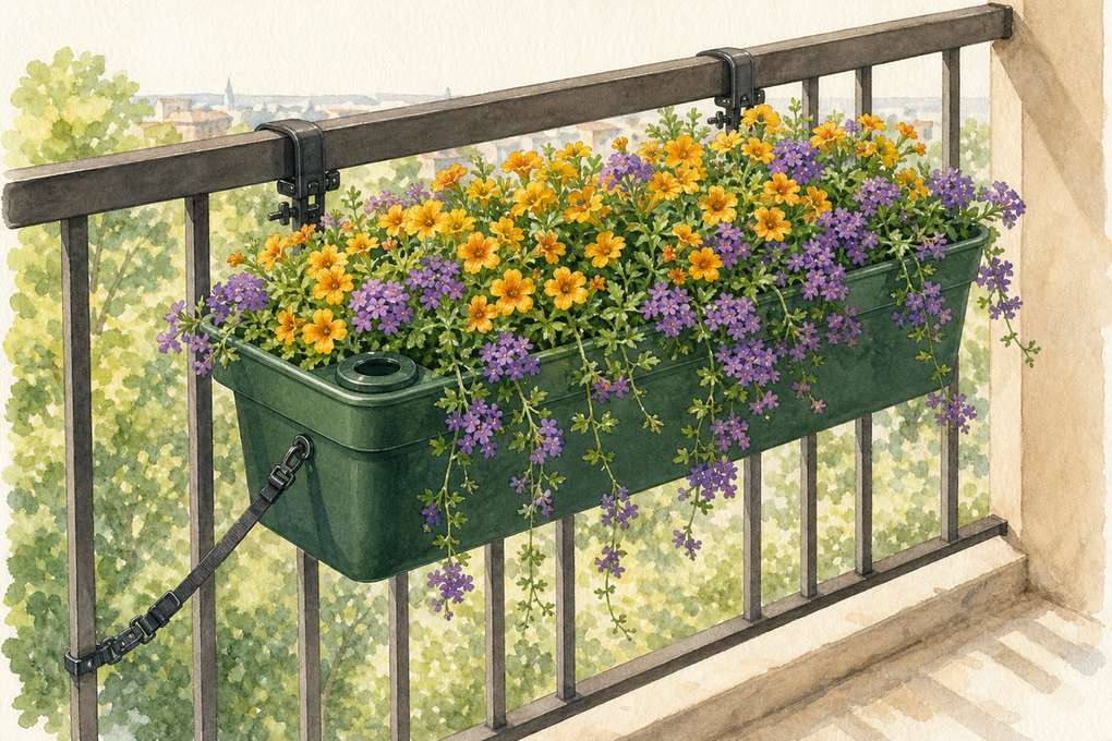 4. Use a locking self-watering railing box for summer flowers — AI concept illustration
