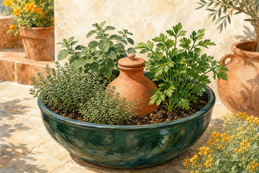 5. Bury a small terracotta olla among Mediterranean herbs — AI concept illustration