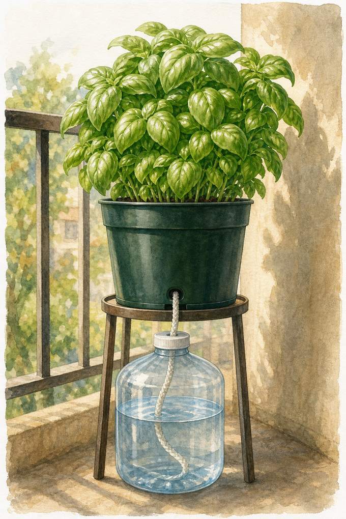 7. Convert a 12-inch pot with a bottle-and-cord wick — AI concept illustration