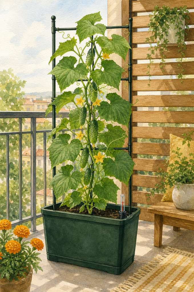 8. Plant dwarf cucumbers in a deep sub-irrigated box — AI concept illustration