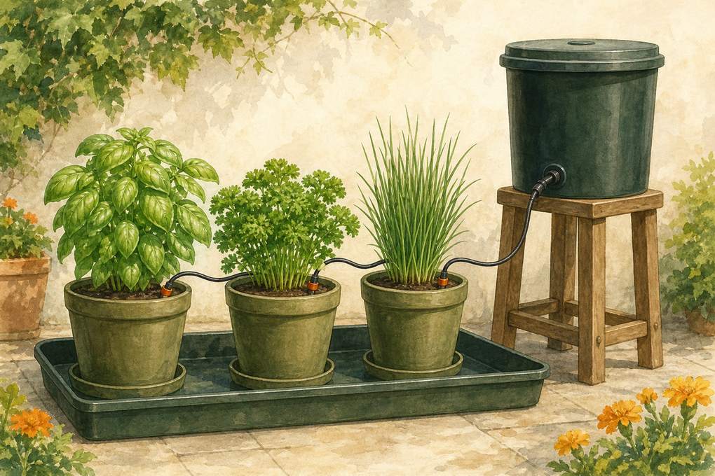 9. Connect matching planters to one elevated reservoir — AI concept illustration