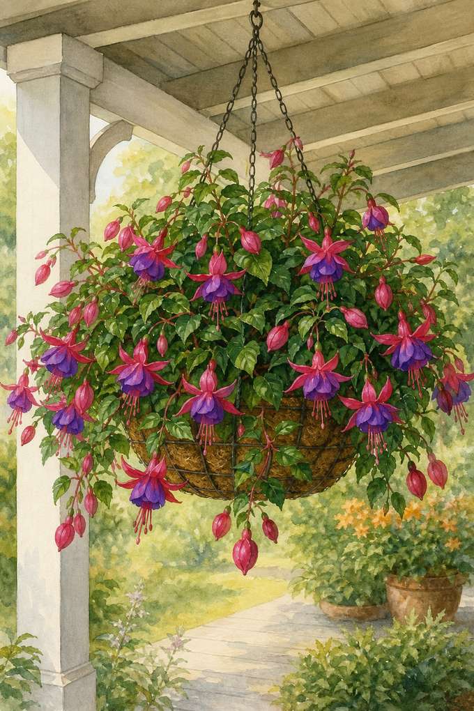 6. Let fuchsia spill from a sheltered basket — AI concept illustration