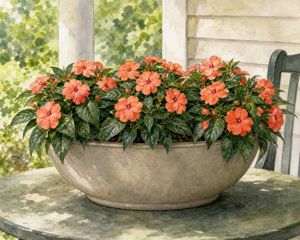 8. Pack a shallow bowl with New Guinea impatiens — AI concept illustration