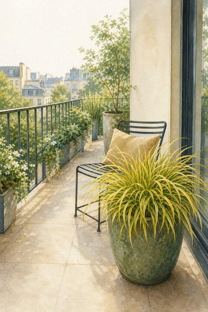 9. Soften a pot edge with Japanese forest grass — AI concept illustration