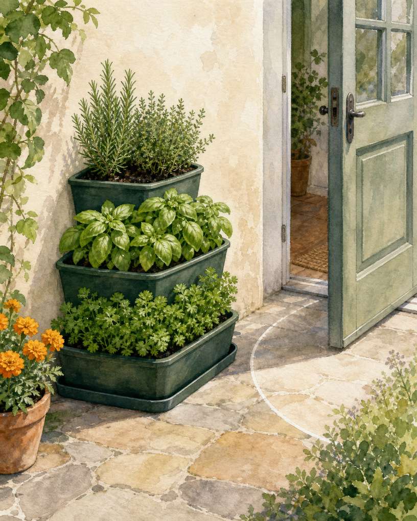 3. Stack Herbs in a Three-Tier Corner Planter — AI concept illustration