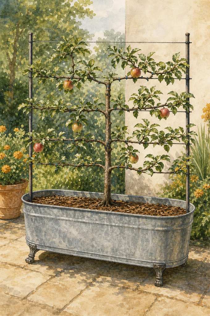 4. Train Espalier Fruit in a Freestanding Trough — AI concept illustration
