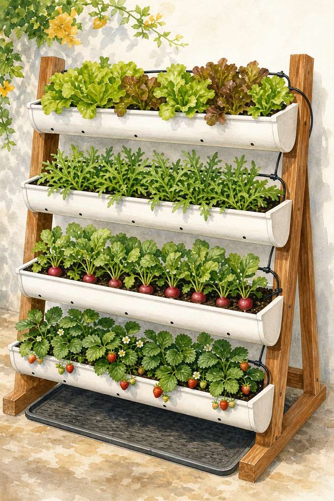 7. Make a Freestanding Gutter Garden for Shallow-Rooted Greens — AI concept illustration