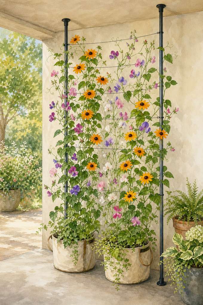 8. Use a Tension-Rod Trellis Under a Covered Patio — AI concept illustration