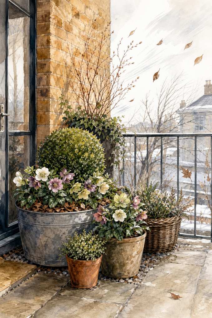 1. Group Pots Against a Sheltered Wall — AI concept illustration